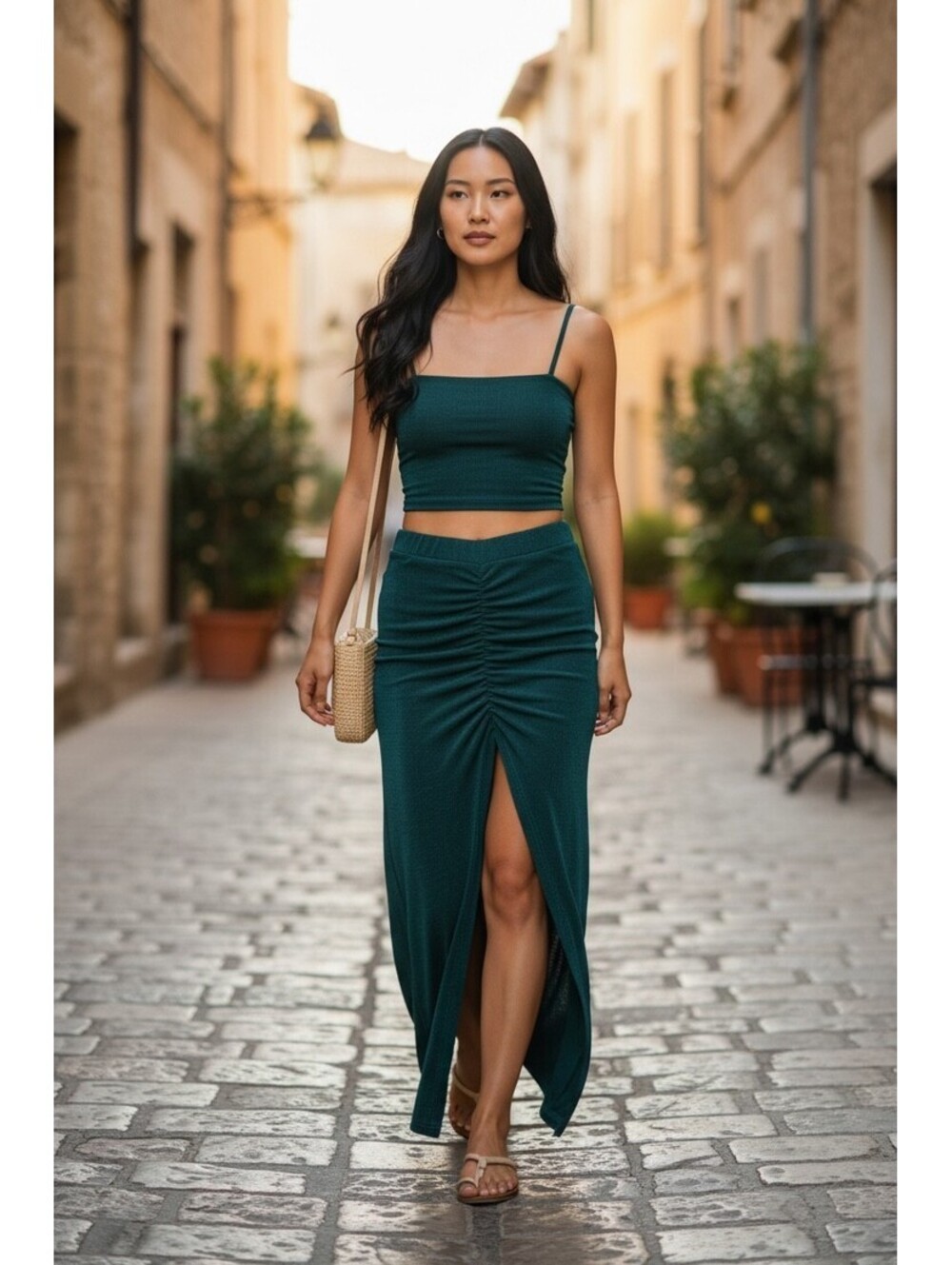 2 pc Slinky Ruched Skirt and Top by Zaful Sz 8, Emerald Green, Front Slit, Vaca